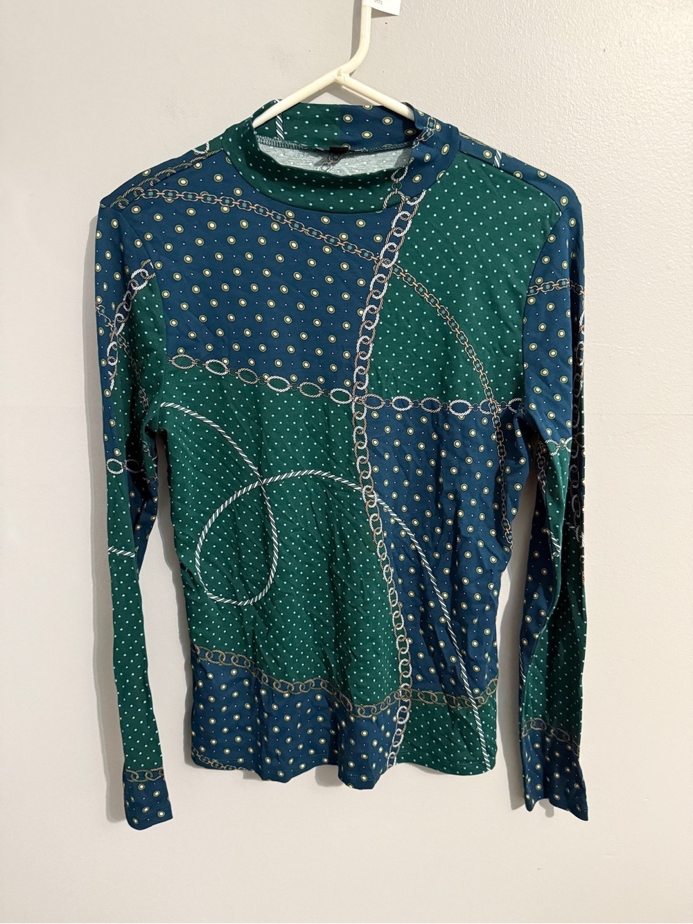 Ann Taylor Top Womens L Mock Neck Long Sleeve Equestrian Chains Horse Western